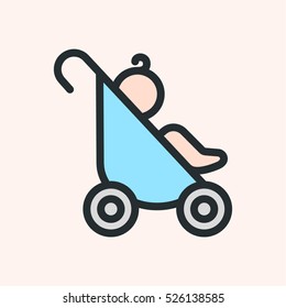 Baby Pram Carriage Minimalistic Flat Color Line Stroke Icon Pictogram Symbol