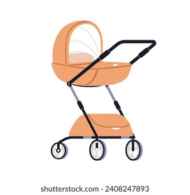 Baby pram, carriage with newborn cradle and canopy. Infants stroller, pushchair. Wheeled transport, cart for kid, child walking, strolling. Flat vector illustration isolated on white background