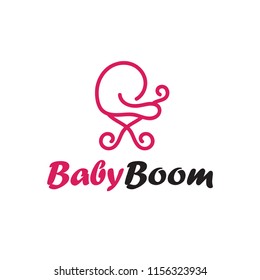 Baby pram, carriage, stroller, buggy logo design. Isolated black and pink kids symbol. Cute baby transport sign or icon. Perambulator sticker or label for newborn clothes. Vector illustration.