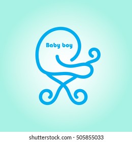Baby pram, carriage, stroller, buggy logo design. Isolated blue symbol for kids products. Cute baby boy transport sign or icon. Perambulator sticker or label for newborn clothes. Vector illustration.
