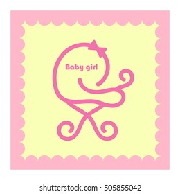 Baby pram, carriage, stroller, buggy logo design. Isolated pink symbol for kids products. Cute baby girl transport sign or icon. Perambulator sticker or label for newborn clothes. Vector illustration.