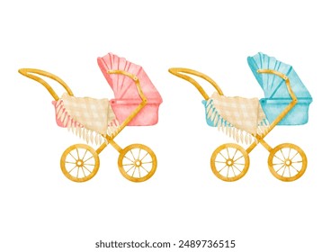 Baby pram design. Watercolor stroller in blue and pink color for boy and girl. Vector illustration in cartoon style. Colorful concept of baby carriage