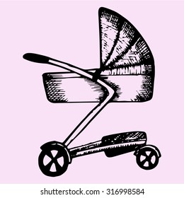 Baby pram, doodle style, sketch illustration