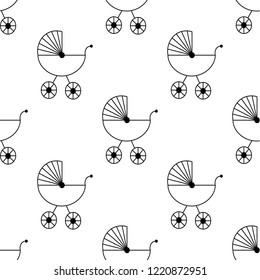 Baby pram line seamless pattern on white background. Vector illustration