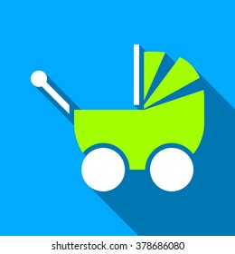 Baby Pram long shadow vector icon. Style is a flat light symbol with rounded angles on a blue square background.