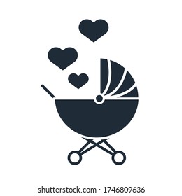 baby pram with love hearts family day, icon in silhouette style vector illustration