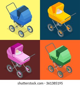 Baby pram, pushchair, stroller, perambulator.  Isometric vector illustration for infographics