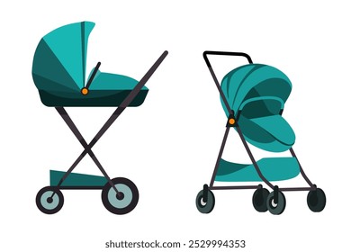 Conjunto de cochecito de bebé. Dos carruajes para recién nacido y niño. Cochecitos de bebé de color aguamarina para niño o niña. Lindo transporte moderno para niños. Ilustración vectorial plana aislada sobre fondo transparente.