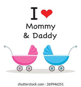 Baby pram, stroller or carriage. I love Mommy and Daddy.