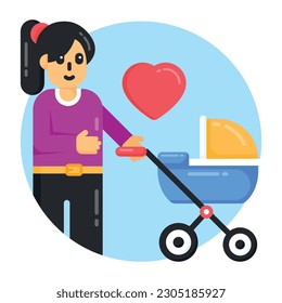 Baby pram, baby stroller, flat round icon