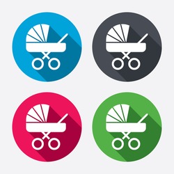 Baby Pram Stroller Sign Icon. Baby Buggy. Baby Carriage Symbol. Circle Buttons With Long Shadow. 4 Icons Set. Vector