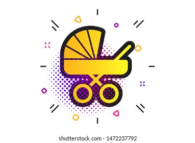 Baby pram stroller sign icon. Halftone dots pattern. Baby buggy. Baby carriage symbol. Classic flat stroller icon. Vector