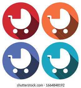 Baby pram stroller sign icon. Baby buggy. Baby carriage symbol. Circle buttons with long shadow. 4 icons set. Vector