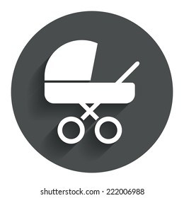 Baby pram stroller sign icon. Baby buggy. Baby carriage symbol. Circle flat button with shadow. Modern UI website navigation. Vector