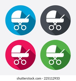 Baby pram stroller sign icon. Baby buggy. Baby carriage symbol. Circle buttons with long shadow. 4 icons set. Vector