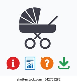 Baby pram stroller sign icon. Baby buggy. Baby carriage symbol. Information think bubble, question mark, download and report.