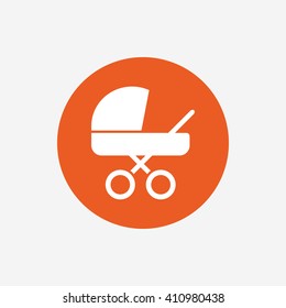 Baby pram stroller sign icon. Baby buggy. Baby carriage symbol. Orange circle button with icon. Vector