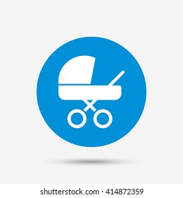 Baby pram stroller sign icon. Baby buggy. Baby carriage symbol. Blue circle button with icon. Vector