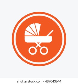 Baby pram stroller sign icon. Baby buggy. Baby carriage symbol. Graphic design element. Flat stroller symbol on the round button. Vector
