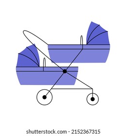 Baby pram for twins. Carriage, buggy, stroller on white background. Transportation of two children. Vector flat illustration