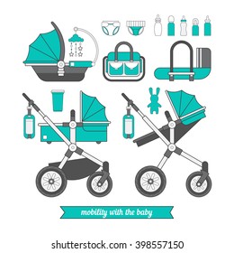 Baby pram. Vector baby carriage set. Different types of transport for children. Vector baby pram in blue color perfect for boy baby shower. Car seat for baby.