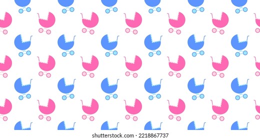 Baby prams seamless pattern. Pink and blue stroller background for scrapbooking or wrapping paper, bedcloth fabric design. Vector flat illustration.