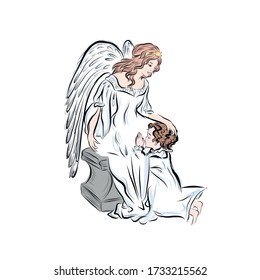 Baby prays to god with guardian angel. Boy worships. Illustration in fantasy style.  Saint man. Great design for religious holiday of Christmas, Easter, children's book. 