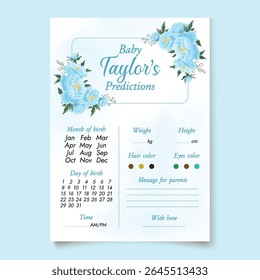Baby prediction game template with floral blue design for baby shower invitation It's a boy themed card