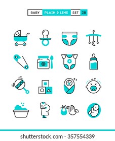 Baby, pregnancy, birth, toys and more. Plain and line icons set, flat design, vector illustration