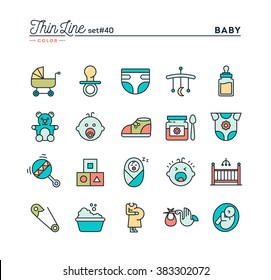 Baby, pregnancy, birth, toys and more, thin line color icons set, vector illustration