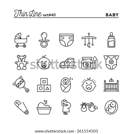 Baby, pregnancy, birth, toys and more, thin line icons set, vector illustration