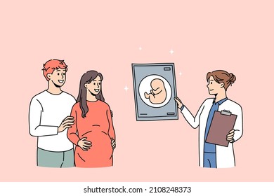 Baby pregnant ultrasound test concept. Young happy couple expecting for baby standing and looking at ultrasound test made by female doctor in clinic feeling excited vector illustration 