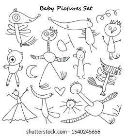 Baby primitive pictures vector set with transparent background includes foxes cockpits teddybear and cat figures