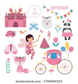 Baby princess fairytale birthday set - cartoon girl in fairy costume and pink object collection - royal castle and carriage, animals and decorations. Flat isolated vector illustration