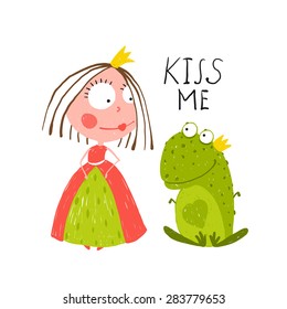 Baby Princess and Frog Asking for Kiss. Kids love story cute and fun colored illustration.