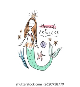 Bebê princesa sereia doodle desenho de coloração com inscrições com letras à mão e personagens do mar definir elementos de etiqueta em crianças desenhadas à mão estilo infantil, conceito de conto de fadas, palavra de letras. Menina elegante