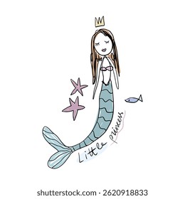 Bebê princesa sereia doodle desenho de coloração com inscrições com letras à mão e personagens do mar definir elementos de etiqueta em crianças desenhadas à mão estilo infantil, conceito de conto de fadas, palavra de letras. Menina elegante
