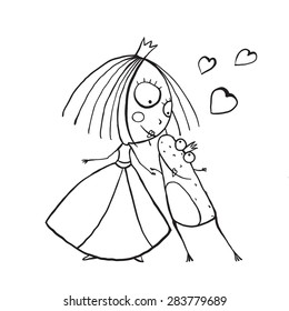 Baby Princess and Prince Frog Kissing Coloring Page. Kids love story cute and fun hand drawn outline illustration.