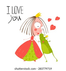 Baby Princess and Prince Frog Kissing. Kids love story cute and fun hand drawn colored illustration.