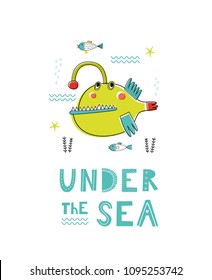 Baby print with angler: Under the sea. Hand drawn graphic for poster, card, label, flyer, page, banner, baby wear, nursery.  Scandinavian style. Black, green and blue. Vector illustration