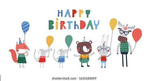 Baby print with animals and balloons: Happy Birthday. Hand drawn graphic for typography poster, card, label, flyer, page, banner, baby wear, nursery.  Scandinavian style. Vector illustration.