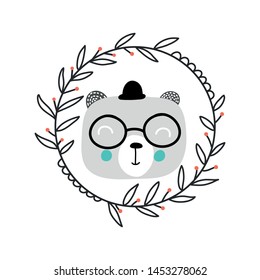 Baby print with bear. Hand drawn graphic for card, banner, baby wear, nursery. Scandinavian style, vector illustration.