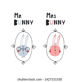 Baby print with bear: Mr Bunny and Mrs Bunny. Hand drawn graphic for typography poster, card, label, flyer, banner, baby wear, nursery.  Scandinavian style. Pink and blue. Vector illustration