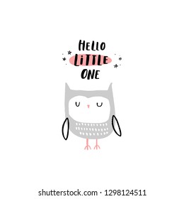 Baby print with Bird: Hello little on. Hand drawn graphic for typography poster, card, label, flyer, page, banner, baby wear, nursery.  Scandinavian style. Pink and gray. Vector illustration