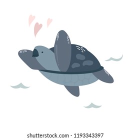 Baby print with blue turtle. Hand drawn graphic for poster, card, label, flyer, page, banner, baby wear, nursery. Scandinavian style. Vector illustration