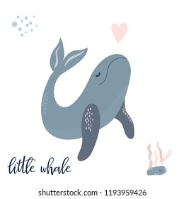 Baby print with blue whale. Hand drawn graphic for poster, card, label, flyer, page, banner, baby wear, nursery. Scandinavian style. Vector illustration