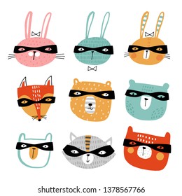Baby print with bunny: Super heroes. Hand drawn graphic for typography poster, card, label, flyer, page, banner, baby wear, nursery.  Scandinavian style.  Vector illustration