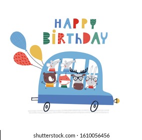 Baby print with bus and animals: Happy Birthday. Hand drawn graphic for typography poster, card, label, flyer, page, banner, baby wear, nursery.  Scandinavian style. Vector illustration.