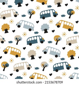 Baby print with car buses. Pattern with transport for boys' textile in Scandinavian style. Cartoon vehicle for seamless nursery wallpaper. Kids picture of minibus on white background for infant fabric