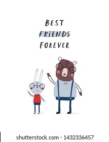Baby print card: Best friends forever. Hand drawn graphic for typography poster, card, label, flyer, banner, baby wear, nursery.  Scandinavian style. Black, red and blue. Vector illustration